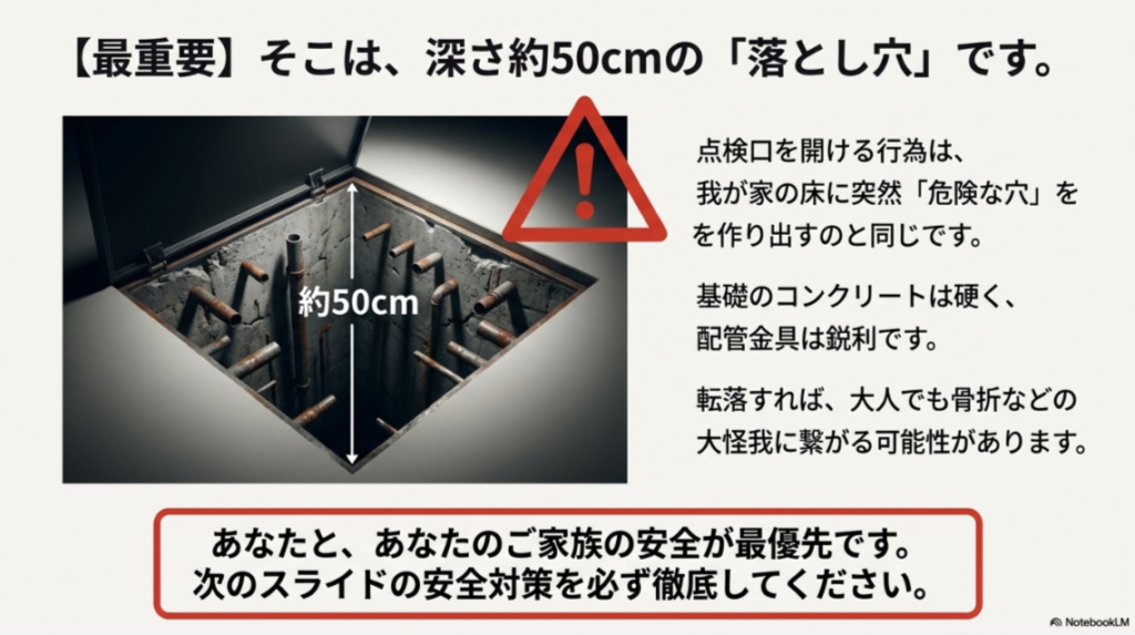 開いたままの点検口の深さが約50cmあることを示し、転落の危険性を警告する画像。「そこは落とし穴です」というメッセージ。