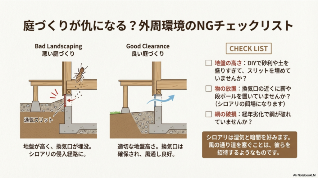 地盤が高すぎてスリットが埋まった「悪い庭づくり」と、適切に風が通る「良い庭づくり」を比較した断面図。