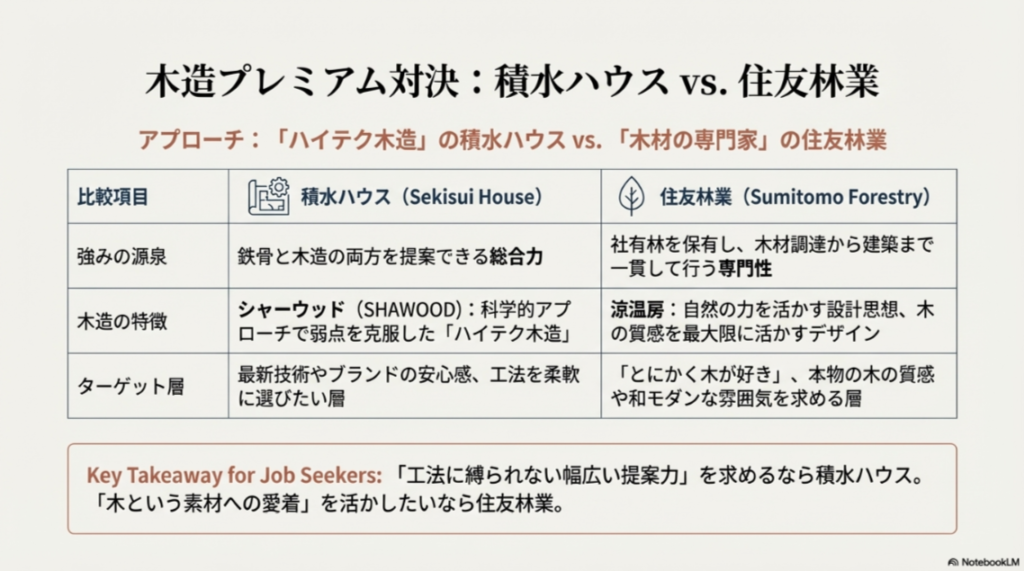 積水ハウスの「ハイテク木造」と住友林業の「木のスペシャリスト」としての強み、工法、ターゲット層の違いをまとめた比較一覧表