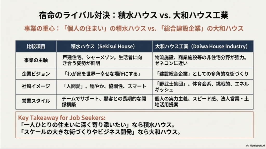 積水ハウスと大和ハウス工業における事業の主軸、企業ビジョン、社風、営業スタイルの違いをまとめた比較一覧表