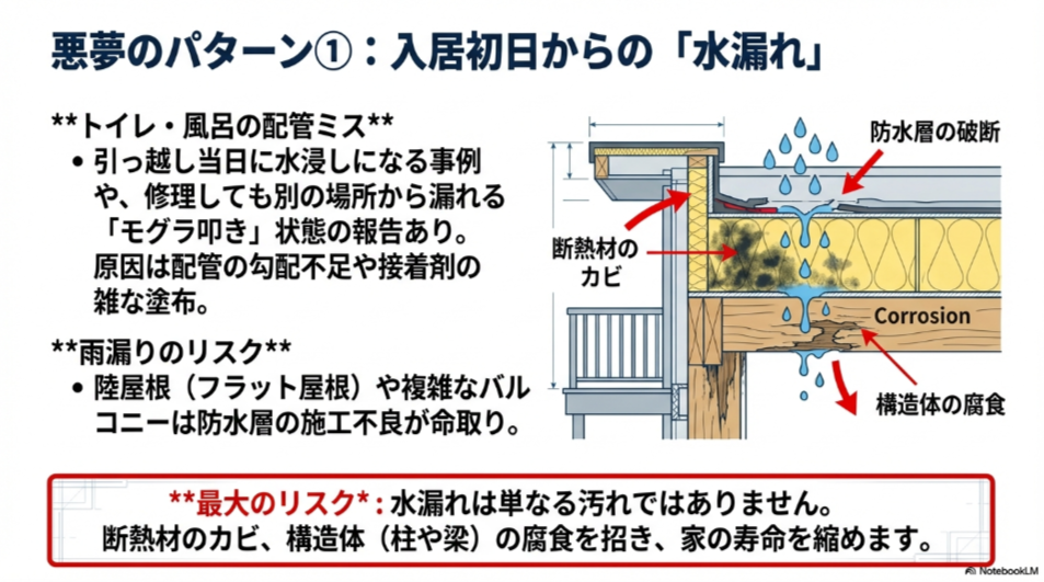 トイレ・風呂の配管ミスによる水漏れと、バルコニーや陸屋根からの雨漏りリスクを図解したスライド。断熱材のカビや構造体の腐食への警告。