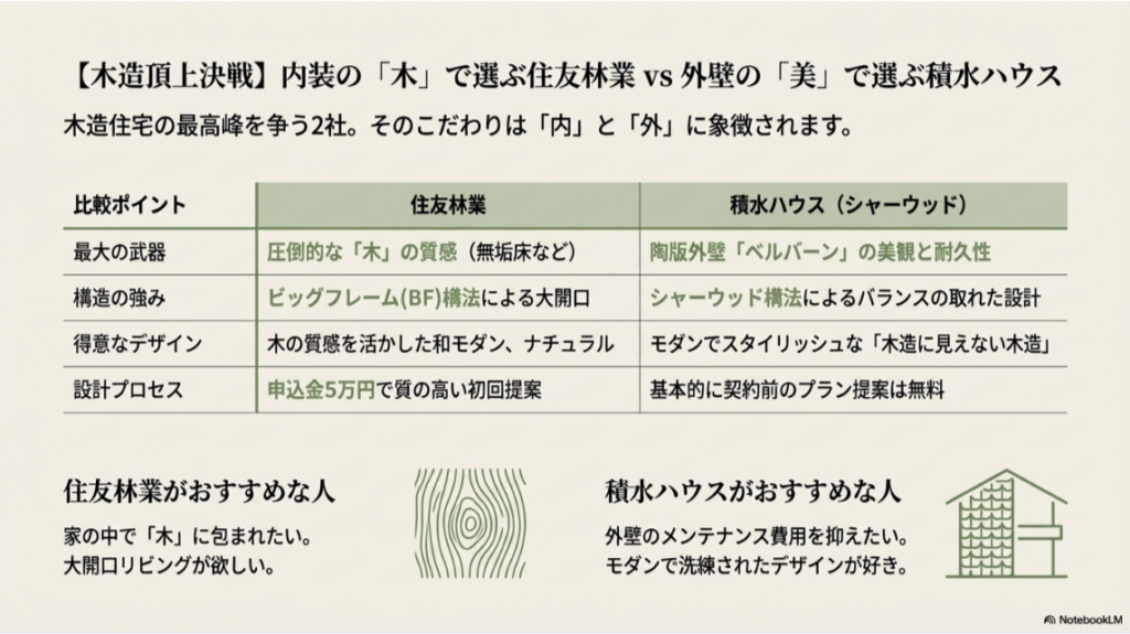 木の質感を重視する住友林業と、外壁の耐久性を重視する積水ハウス（シャーウッド）の特徴や構法を比較した一覧表。