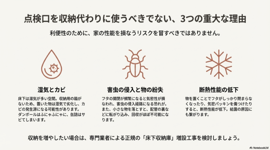 湿気・カビのリスク、害虫の侵入、断熱性能の低下を示すアイコンと解説。「収納代わりに使うべきでない重大な理由」を示したスライド。