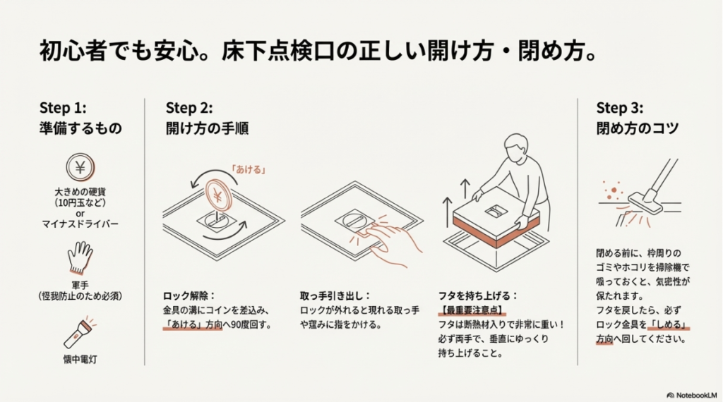 10円玉やマイナスドライバー、軍手などの準備物と、ロック解除からフタの持ち上げまでの手順を図解した画像。