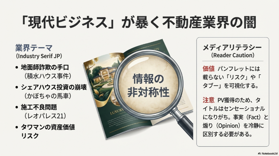 ルーペで不動産広告を見るイラスト。「情報の非対称性」という文字と共に、地面師、施工不良、シェアハウス問題など業界のタブーを可視化する重要性を説明。