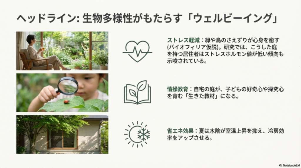 ストレス軽減、情操教育、省エネ効果を示すアイコンと、それぞれのメリットを解説した図