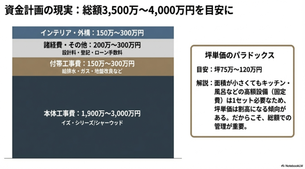 本体工事費、付帯工事費、諸経費、インテリア・外構費を含む総額3,500万円〜4,000万円の資金計画内訳グラフ。