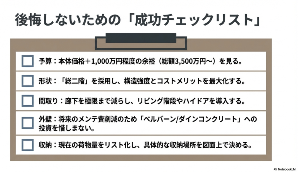 予算、形状、間取り、外壁、収納計画における25坪の家づくりの重要チェックポイントまとめ。