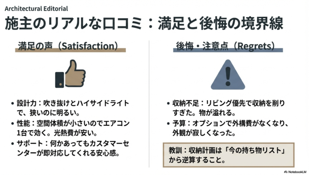 積水ハウスで25坪の家を建てた施主による、設計力や性能への満足の声と、収納や予算に関する後悔・注意点のまとめ。