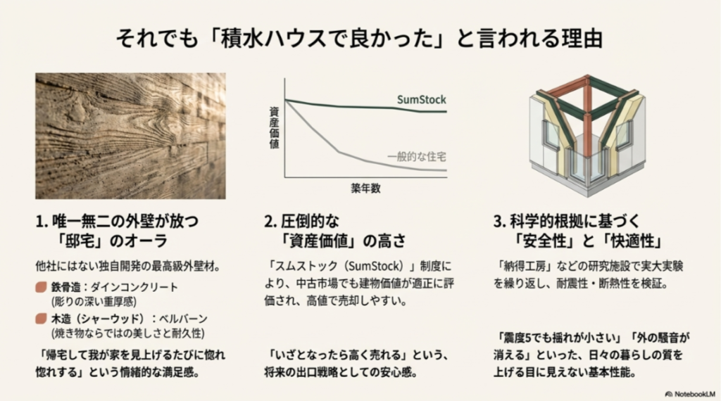 一般的な木造住宅と比較して、積水ハウス（スムストック）がいかに築年数を経ても資産価値を維持しやすいかを示すグラフ。