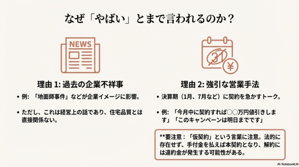 過去の地面師事件などの企業不祥事と、決算期に見られる契約を急かす強引な営業トークについての注意喚起。