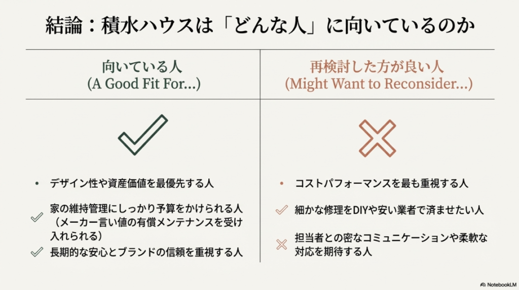 デザインや安心感を重視する人は向いているが、コスパ最優先やDIY希望者は向いていないという判断基準のチェックリスト。