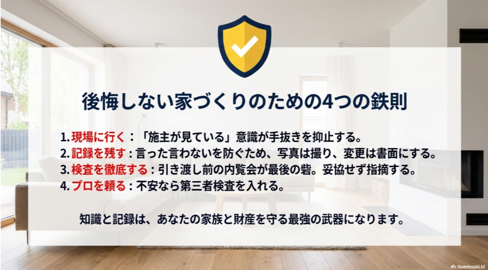 現場に行く、記録を残す、検査を徹底する、プロを頼るという4つの鉄則をまとめたイラストスライド。