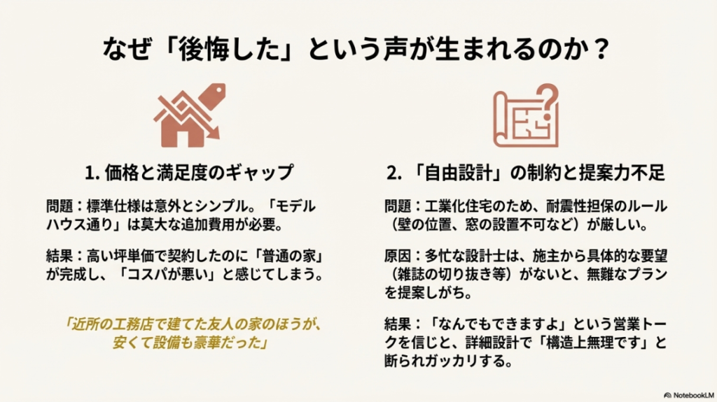 標準仕様とモデルハウスの仕様の差、および高い坪単価と完成した家の満足度の乖離が生む後悔のメカニズム図解。