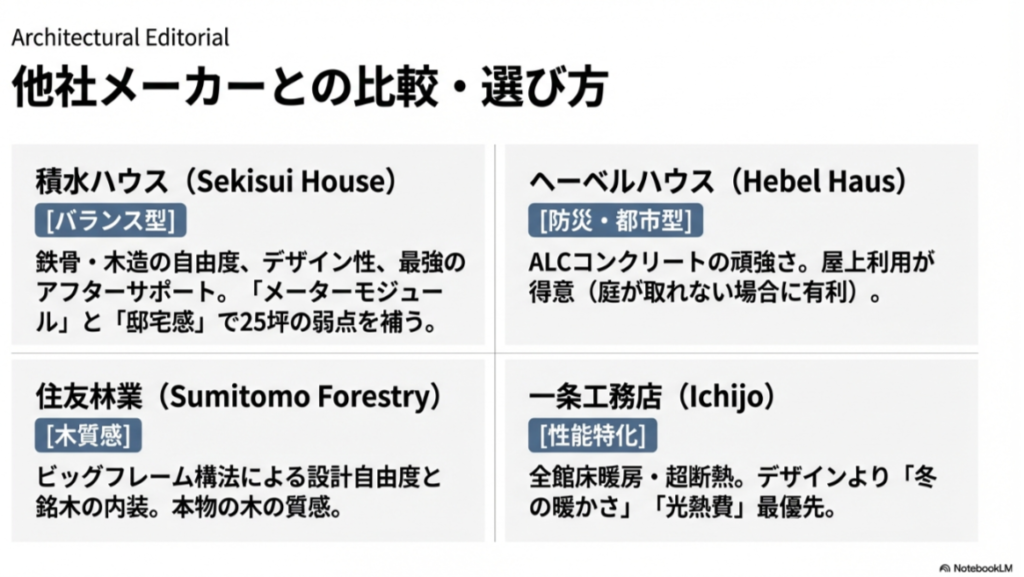 積水ハウス、住友林業、ヘーベルハウス、一条工務店の特徴比較。デザイン、性能、木質感などの違いを解説。
