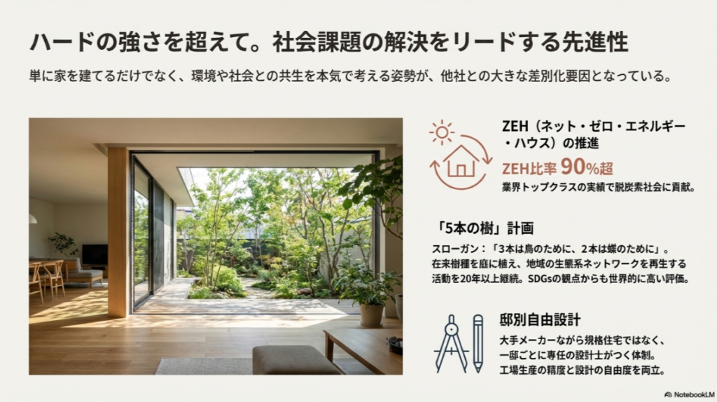 ZEH比率90%超の実績や「5本の樹」計画、邸別自由設計など、積水ハウスが取り組む社会課題解決と環境共生の事例