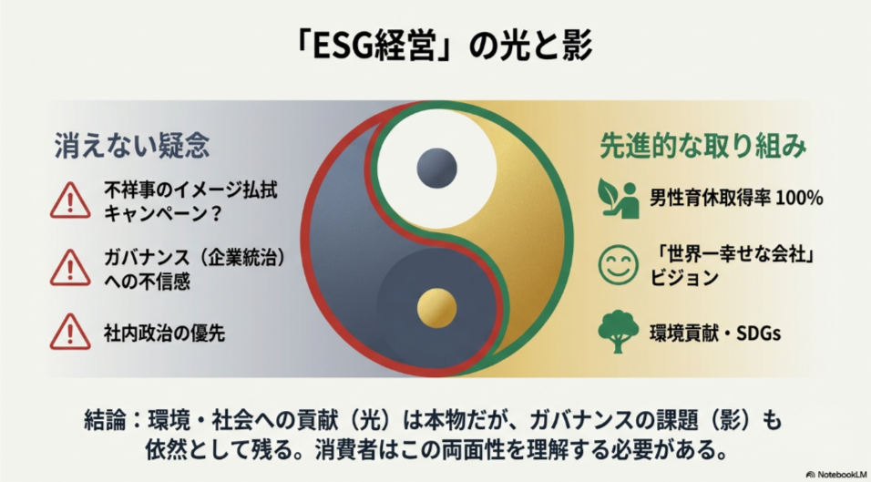積水ハウスの企業評価における「光（環境貢献・男性育休）」と「影（不祥事・社内政治）」の対比。不祥事のイメージ払拭に向けた取り組みへの疑念についての解説。