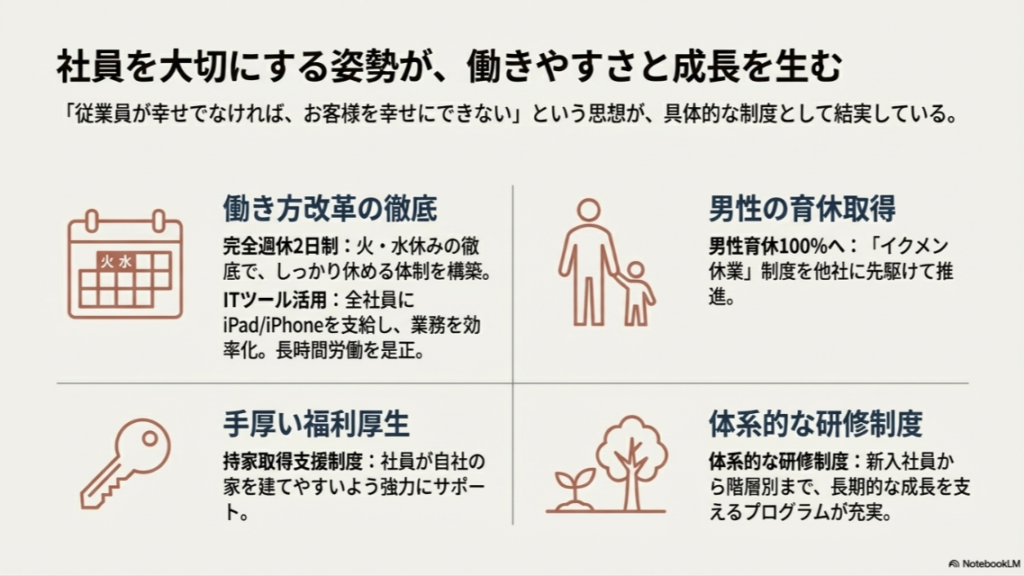 完全週休2日制の徹底、男性育休取得率100%への取り組み、体系的な研修制度など、社員を大切にする積水ハウスの制度一覧