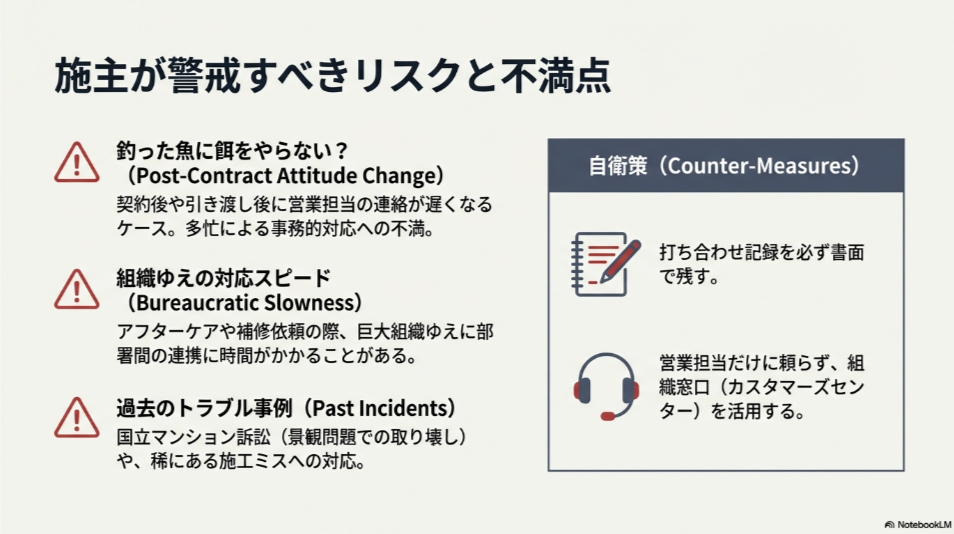 契約後に営業担当の連絡が遅くなる等の「釣った魚に餌をやらない」現象や、巨大組織ゆえの対応スピードの遅さなど、施主が注意すべきリスク一覧。