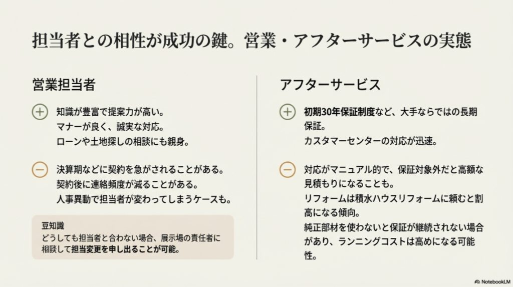 積水ハウスの営業担当者の知識や提案力などのメリットと、契約後の連絡頻度や人事異動などのデメリット、アフターサービスの保証内容をまとめたリスト。