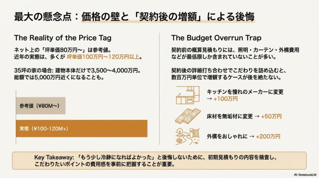 ネット上の参考価格と実際の坪単価（100万円以上）の乖離、およびオプション追加による予算オーバーの仕組みを解説した図。