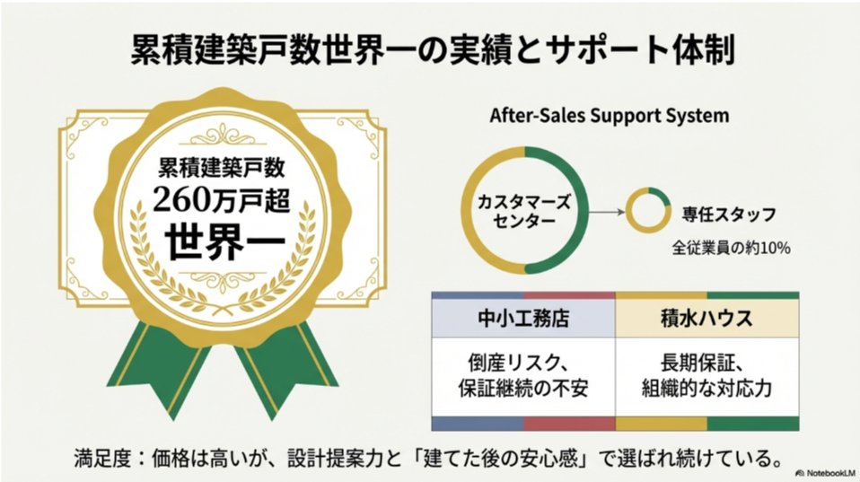 積水ハウスの累積建築戸数が世界一であることと、全従業員の約1割を占めるカスタマーズセンターのスタッフによるサポート体制を示す図。