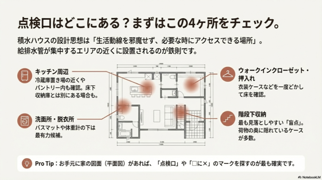 家の間取り図上で、キッチン、洗面所、クローゼット、階段下など、点検口が設置されやすい場所を赤くハイライトしたイラスト。