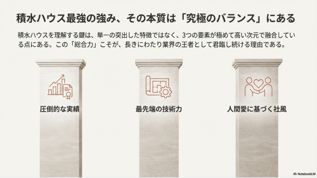 圧倒的な実績、最先端の技術力、人間愛に基づく社風の3つの要素が融合し、積水ハウスの総合力を形成していることを示す図解