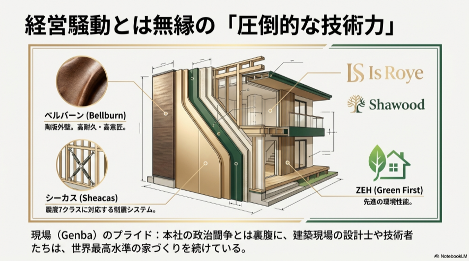 積水ハウスの代表的な技術紹介。陶版外壁ベルバーン、制震システム「シーカス」、環境性能「ZEH」などの断面図と解説。