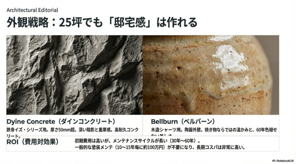 鉄骨イズ・シリーズのダインコンクリートと木造シャーウッドのベルバーンの質感比較とメンテナンスコストのメリット。