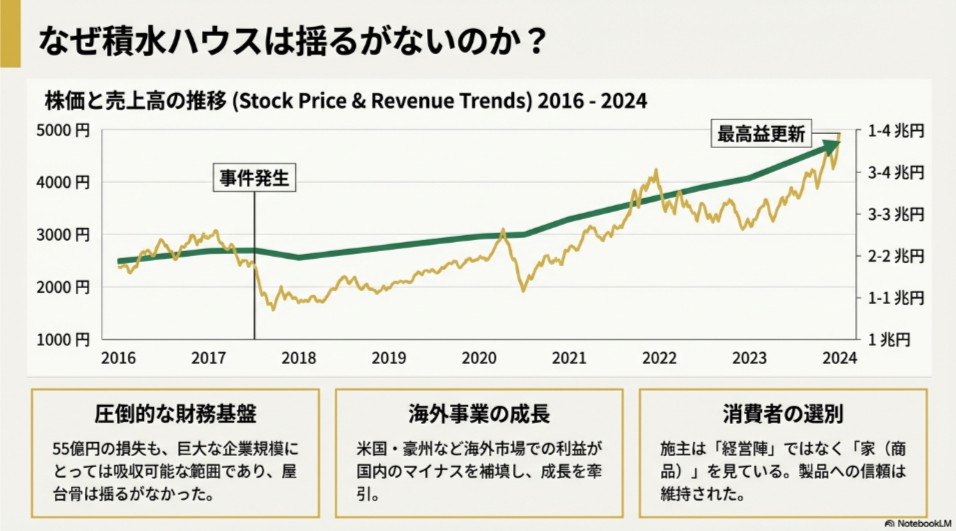 2016年から2024年までの積水ハウスの株価と売上高の推移グラフ。2017年の事件発生時に一時下落するも、その後V字回復し成長を続けている様子。