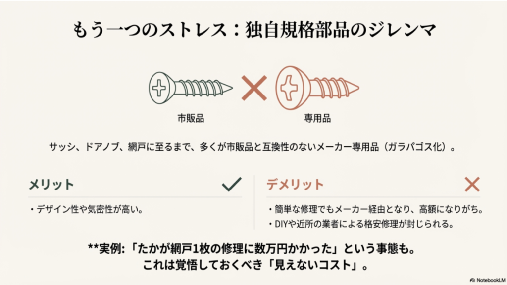 市販品と互換性のないメーカー専用品（ガラパゴス化）が多いため、簡単な修理でも高額になりDIYが難しいというデメリットの図解。