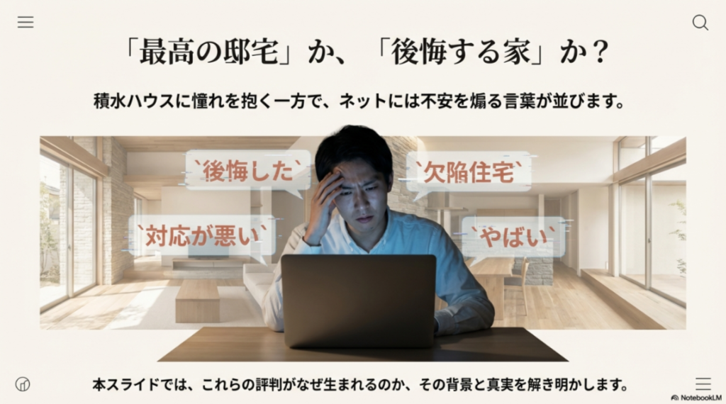 積水ハウスについてネット検索すると出てくる「後悔した」「欠陥住宅」「対応が悪い」といったネガティブなキーワードのイメージ。