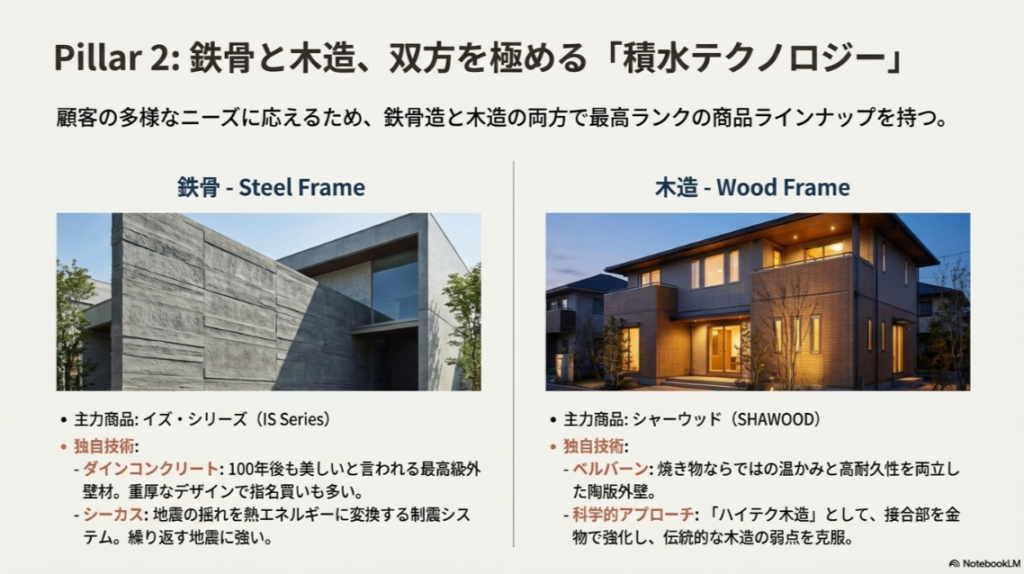 鉄骨造のダインコンクリートと制震システム「シーカス」、木造のベルバーンと科学的アプローチなど、積水ハウスの主要技術と外壁材の比較
