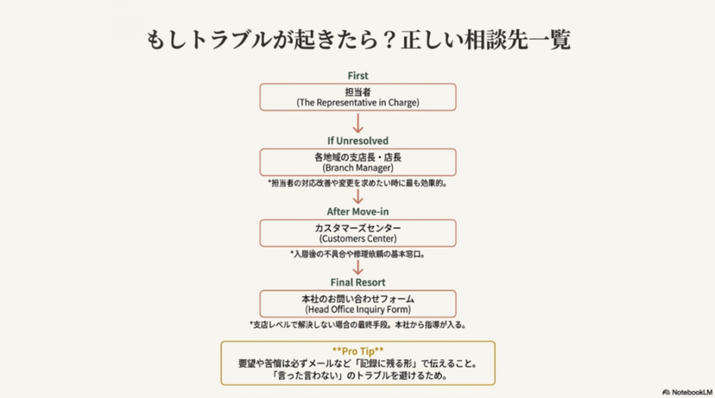 担当者で解決しない場合に、支店長、カスタマーズセンター、そして最終手段の本社問い合わせフォームへと進む相談ルートの図解。