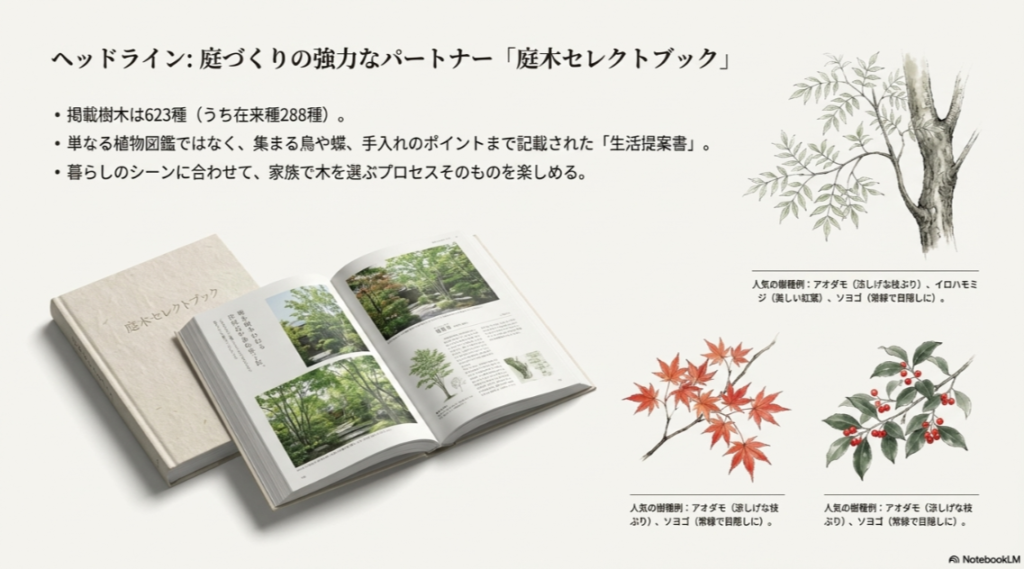 在来種を中心とした623種の樹木情報や手入れ方法が掲載された、庭木セレクトブックの表紙と中身のイメージ