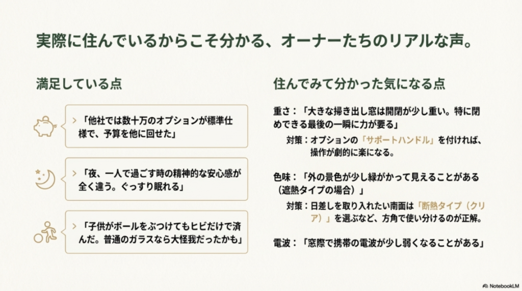 実際に防犯ガラスのある家に住んでいるオーナーが感じる「安心感」などのメリットと、「重さ」などのデメリットをまとめた一覧