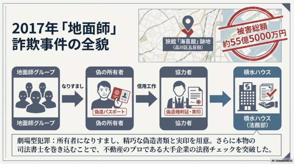 東京都品川区五反田の旅館「海喜館」跡地の地図と、地面師グループによるなりすまし詐欺の相関図。被害総額は約55億5000万円。