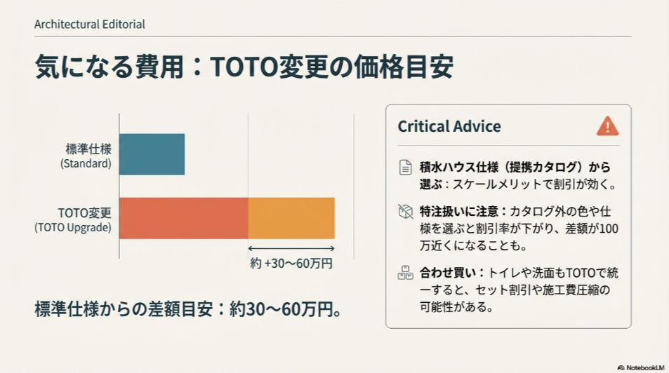 費用のイメージアイコン。標準仕様との差額目安（+30〜60万円）と、提携カタログ利用の重要性や特注扱いへの注意を解説したスライド。