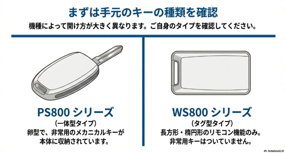 積水ハウスの電子錠リモコンキー2種類の比較画像。卵型で鍵一体型のPS800シリーズと、タグ型でリモコン機能のみのWS800シリーズの形状の違い 。