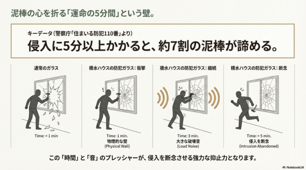 警察庁のデータに基づく、侵入に5分以上かかると約7割の泥棒が犯行を断念するというグラフとイラスト