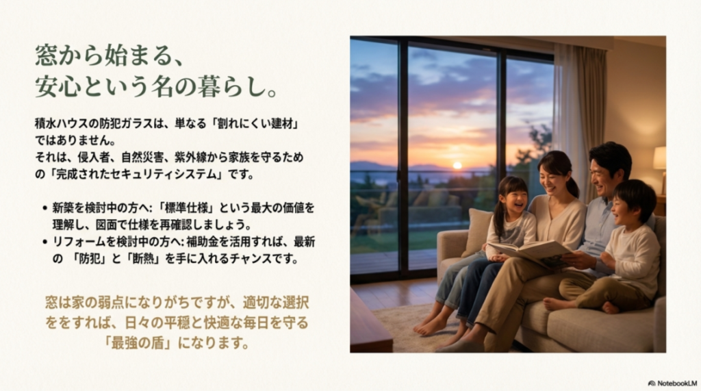 夕暮れ時のリビングで安心してくつろぐ家族の笑顔と、防犯ガラスが守る暮らしのイメージ写真