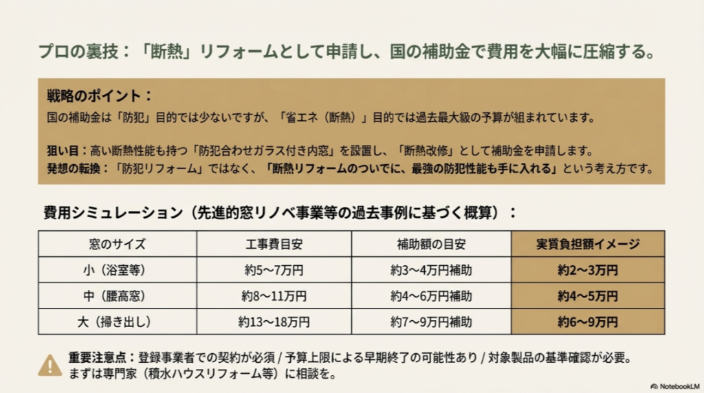 先進的窓リノベ事業などを活用した場合の、窓のサイズごとの工事費目安と補助金額、実質負担額のシミュレーション表