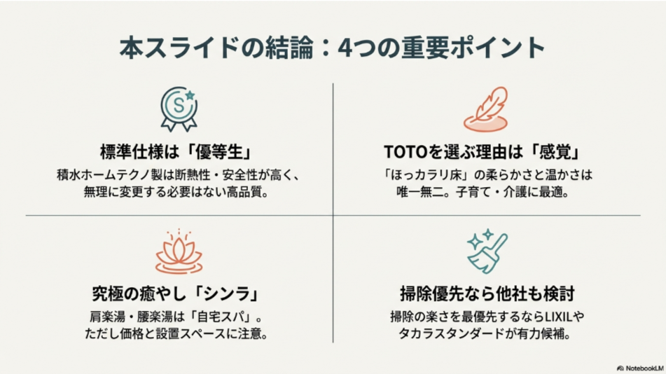積水ハウス標準、TOTO、シンラ、他社（LIXIL・タカラ）それぞれの選ぶべき理由と結論をまとめた4ポイントの解説スライド。