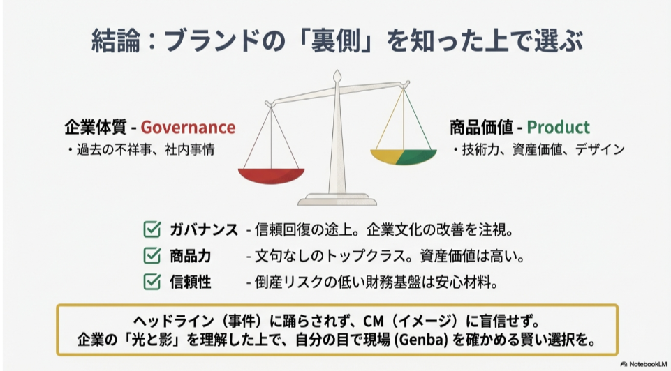 天秤のイラスト。「ガバナンスへの懸念」と「圧倒的な商品力・財務基盤」の両面を理解し、賢い選択を促す結論のスライド。
