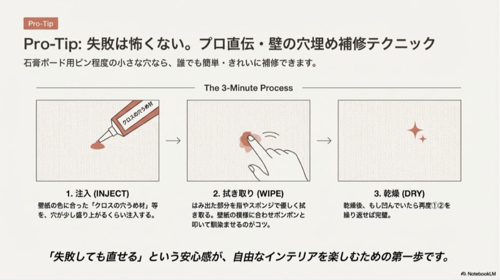 クロスの穴埋め材を注入し、指で馴染ませて画鋲やピンの穴を目立たなくする、簡単な壁紙補修の3ステップ。