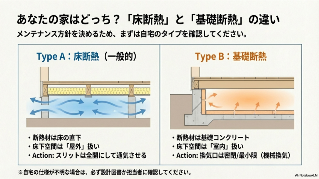 床断熱(Type A)と基礎断熱(Type B)の構造の違いと、それぞれのメンテナンス方針の違いをまとめたスライド。