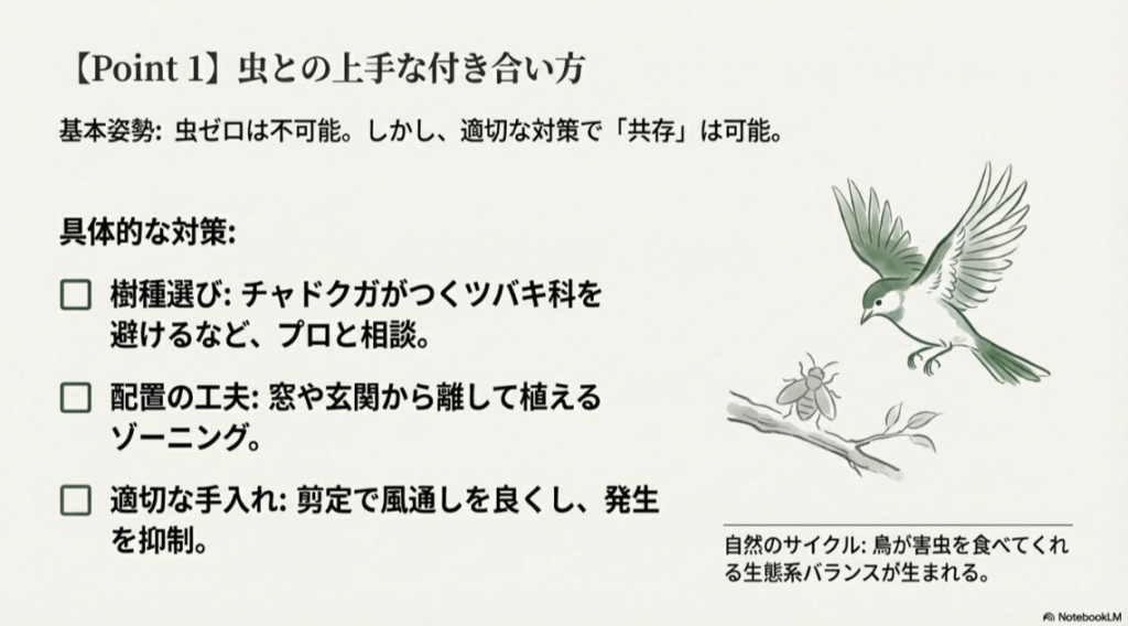 鳥が害虫を捕食する生態系サイクルのイラストと、樹種選びや配置による具体的な虫対策のポイント