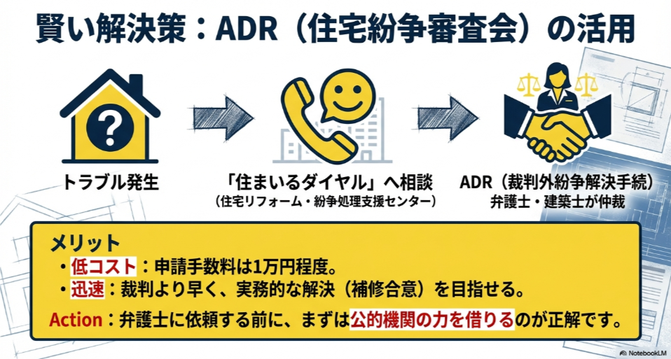 住まいるダイヤルやADRの仕組み解説図。弁護士や建築士が仲裁に入り、低コストかつ迅速に解決を目指すフローチャート。