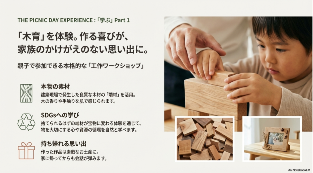 積み木で遊ぶ子供の手元や、木材を使ったフォトフレームなどの工作作品。建築端材を活用したワークショップの様子。